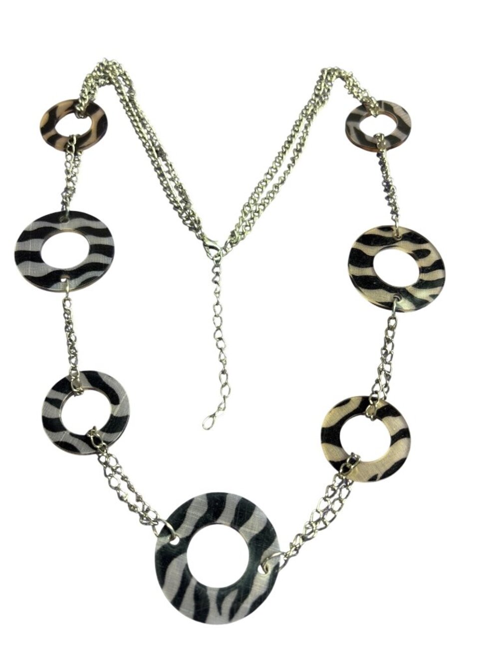 Animal Print Acrylic Circles Necklace Silvertone Double Chain 26 - 29 inches